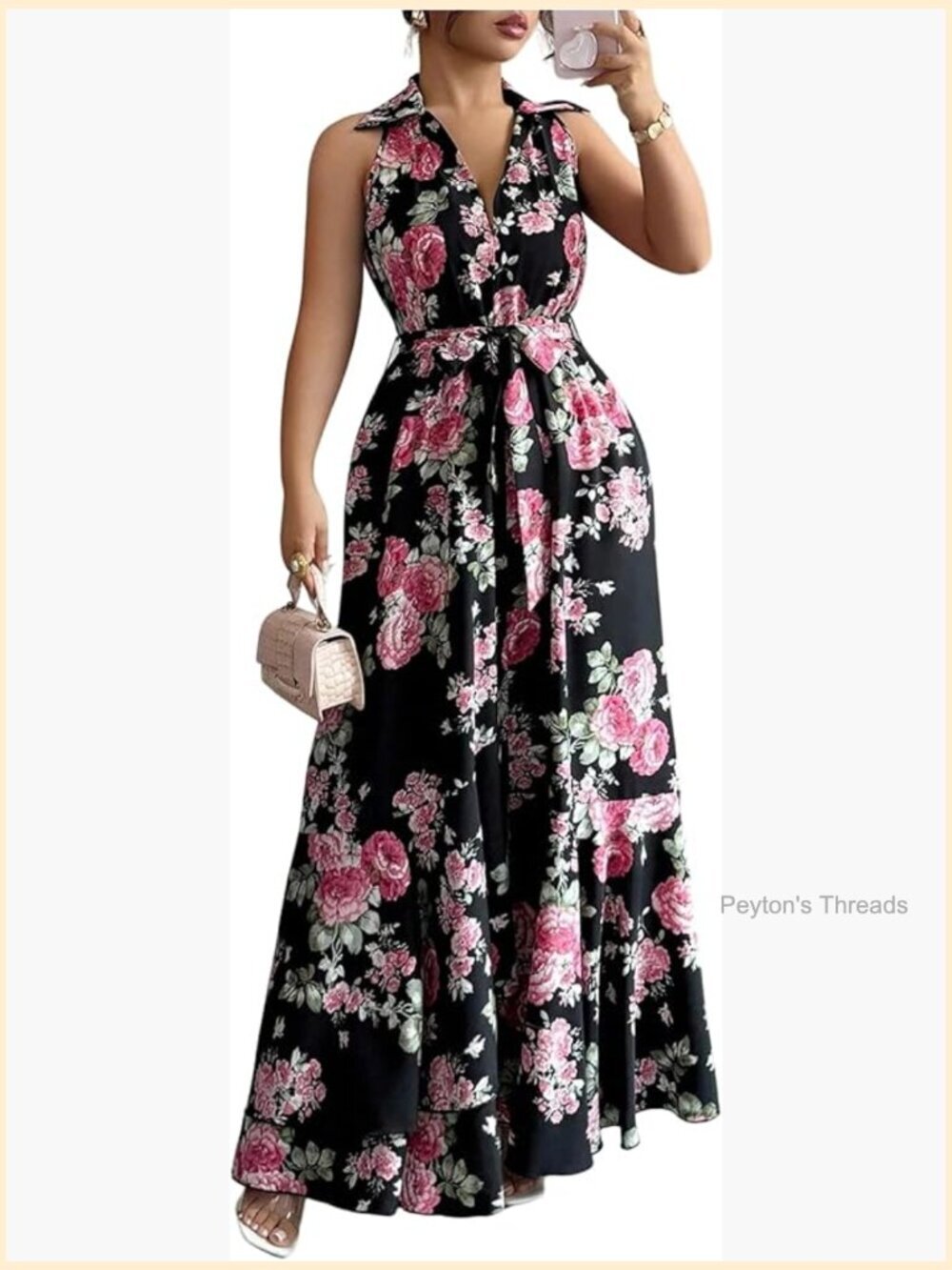 Women's Plus Size Floral Boho Maxi Dress Sleeveless Collared V Neck Belted